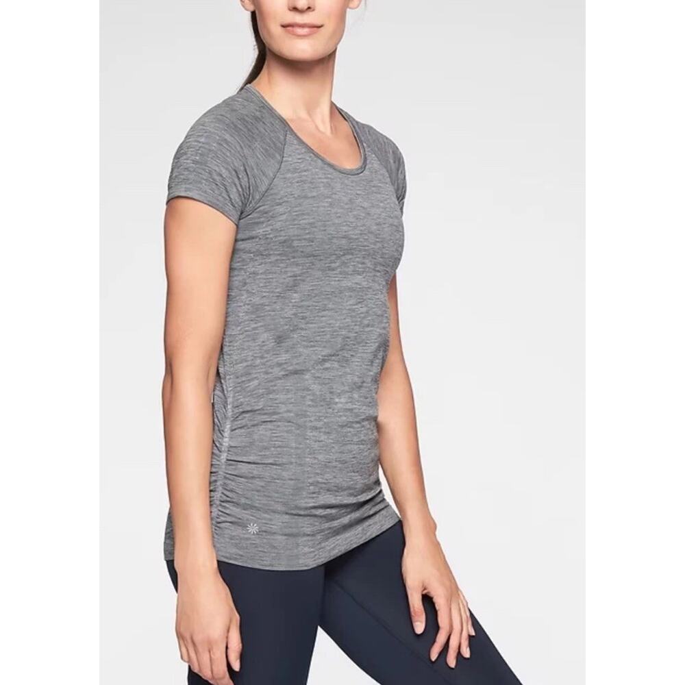 Athleta Women's Speedlight Heather Tee Size Small‎ Gray Short Sleeve Ruched